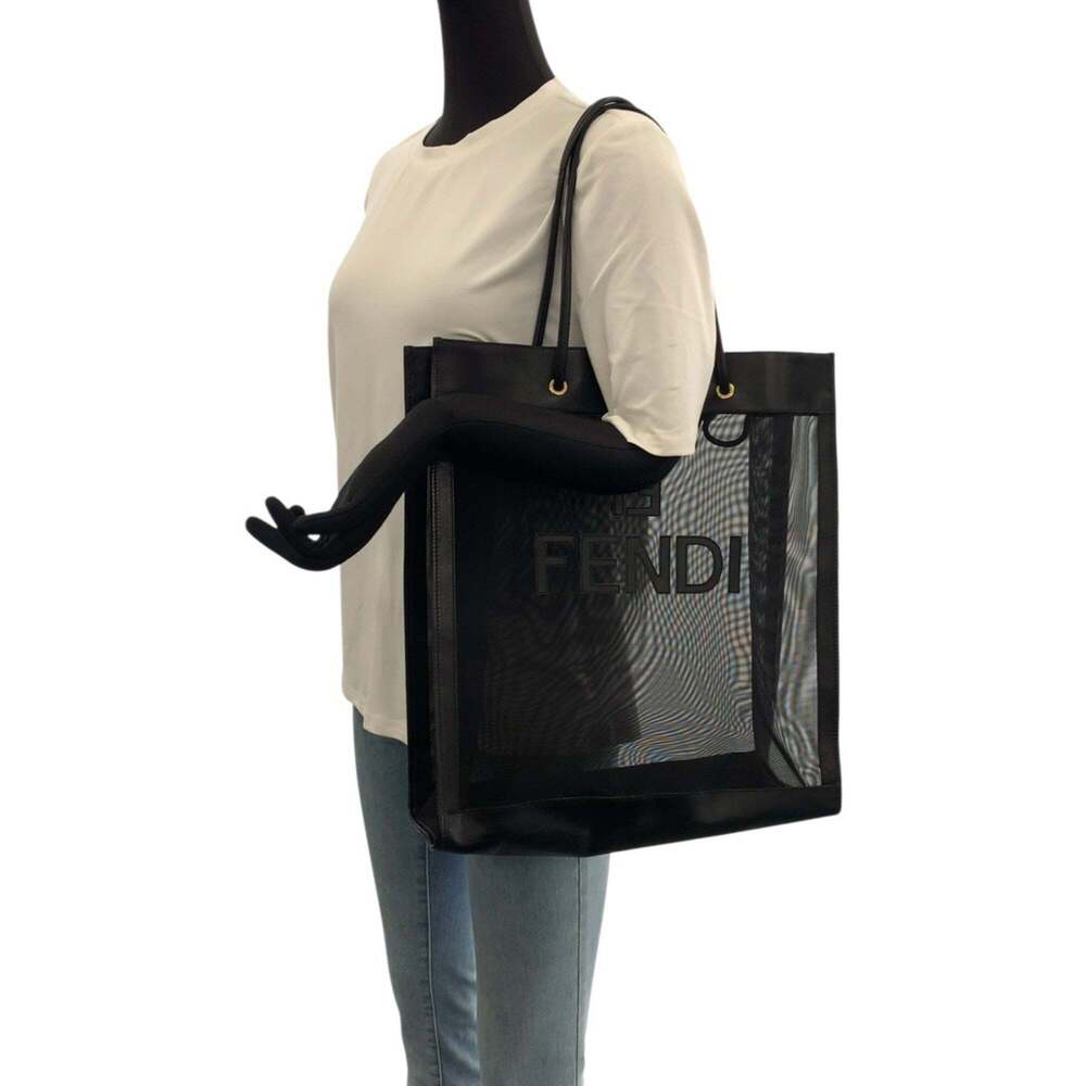 FENDI FF logo black with gold hardware, leather and mesh tote bag, shoulder b... - Picture 7 of 10